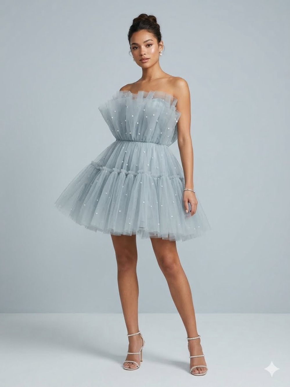 UNTAMED PETALS BY AMANDA JUDGE Light Blue Strapless Tulle Mini Dress with Pearls
